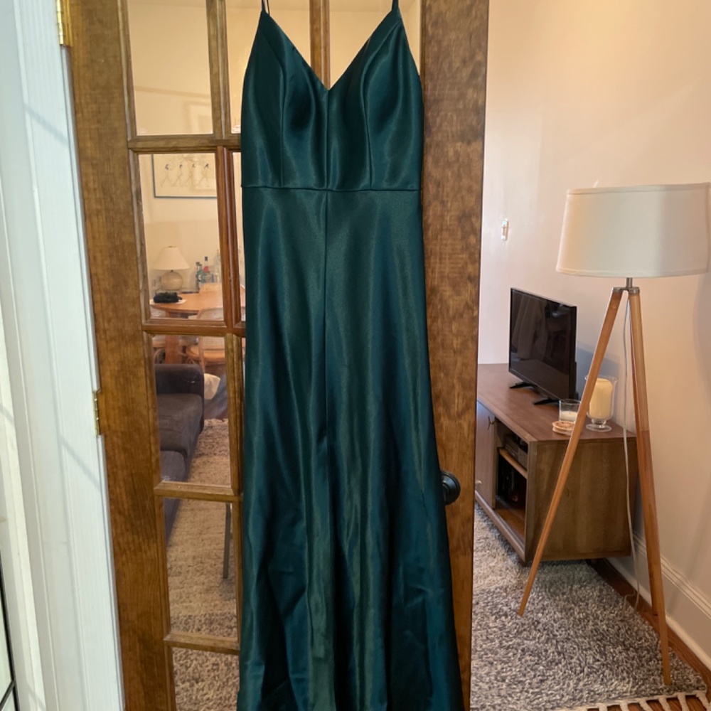 Jenny Yoo Dina Emerald V Neck Satin Crepe Dress - Picture 4 of 5